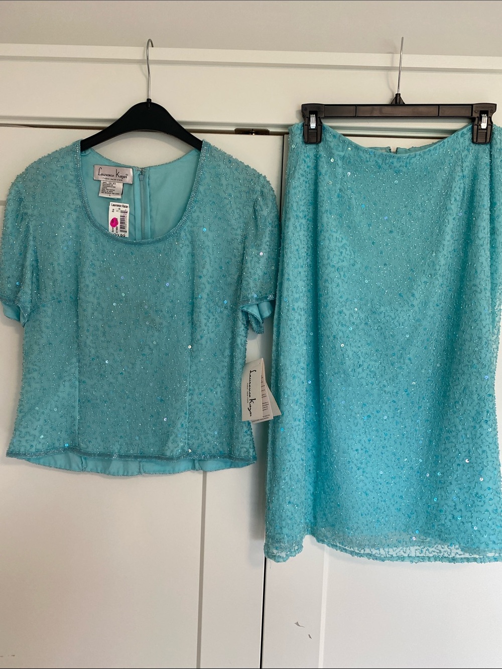 NWT Vintage Laurence Kazar Aqua Sequin Midi Skirt and Short-Sleeve Top
